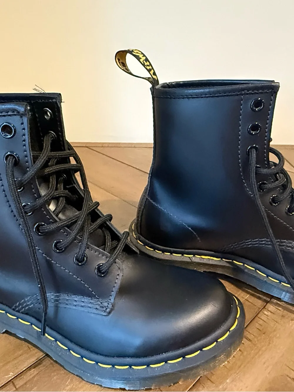 Dr. Martens Kids Black Leather Lace-Up Boots with Yellow Stitching